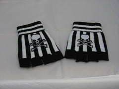 Black and White Striped Skull Fingerless Gloves